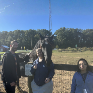 Chris, Alexis, and Miriam stand next to a horse in a field.